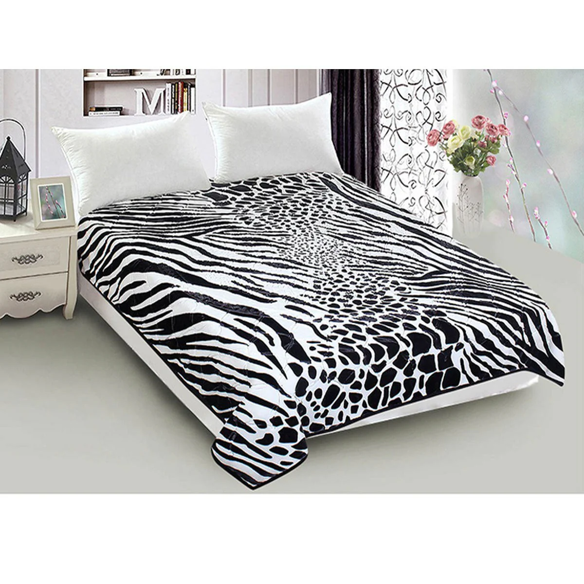 Whitney Throw Soft Blanket 800GSM Luxury Reversible Animal Mink Blanket Queen 200 x 240cm - Black & White Safari - Nurns