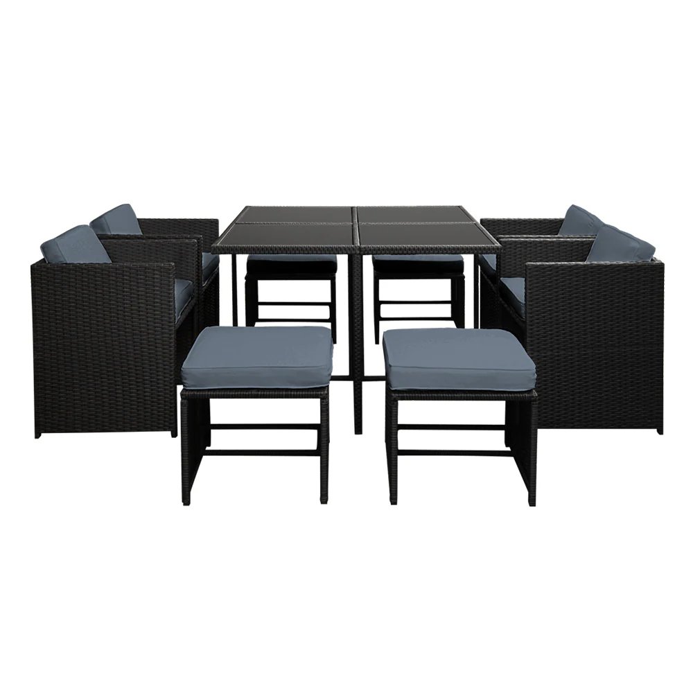 Corbridge 8-Seater Wicker 9-Piece Outdoor Dining Set - Black - Nurns