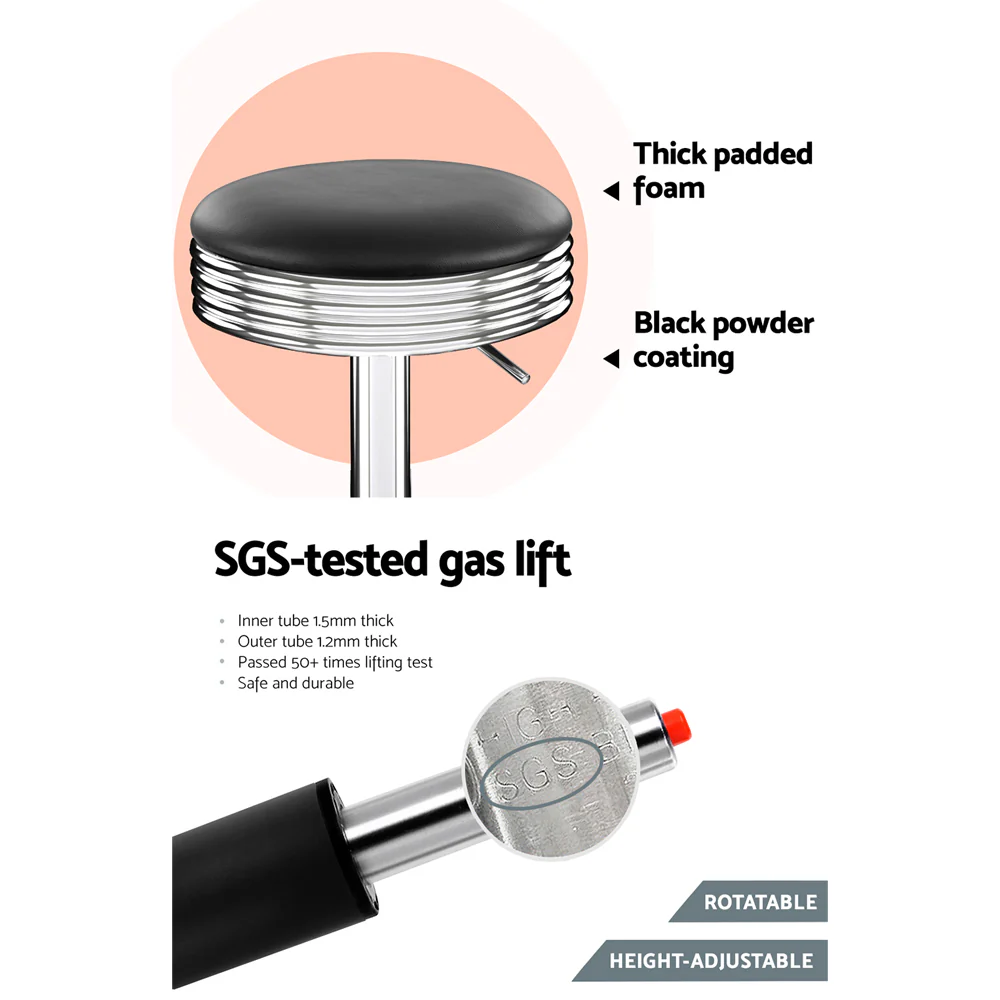 Set of 2 Kozani Backless PU Leather Bar Stools - Black & Chrome - Nurns