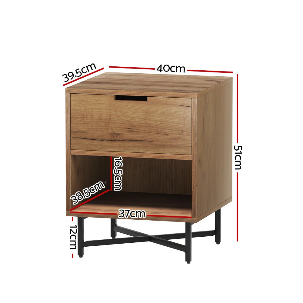 Melrose King Single Bedroom Suite 5 Piece 1x King Single Mattress, 1x King Single Metal Bed Frame, 2x Oak Bedside Tables and 1x Oak Tallboy - Nurns