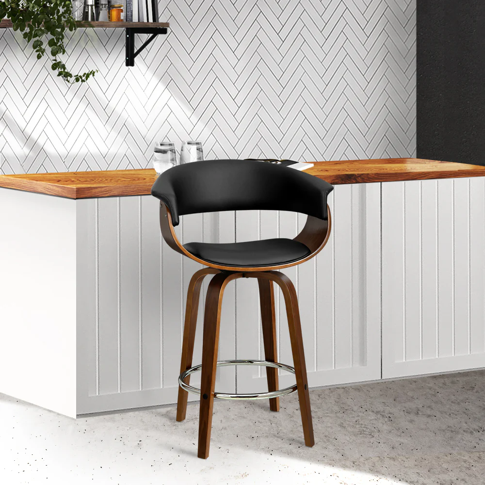 65cm Edessa Swivel PU Leather Bar Stool - Wood & Black - Nurns