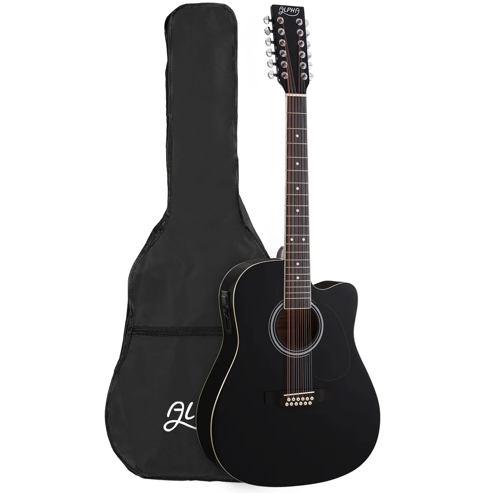 Alpha 42 Inch Acoustic Guitar 12 Strings w/ Equaliser Electric Output Jack Black - Nurns