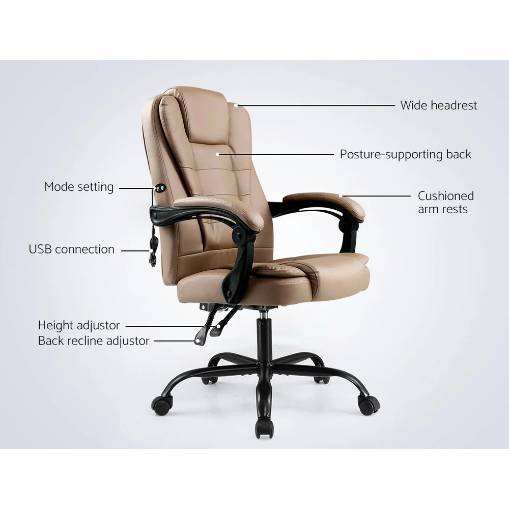 Artiss Massage Office Chair Executive Computer Gaming Chairs Brown PU Leather Espresso - Nurns