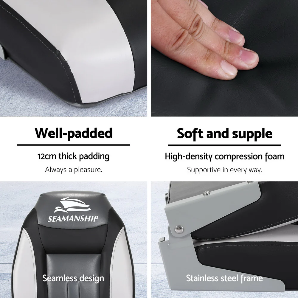 Set of 2 Folding Boat Seats Marine Seat Swivel High Back 12cm Padding Black - Nurns