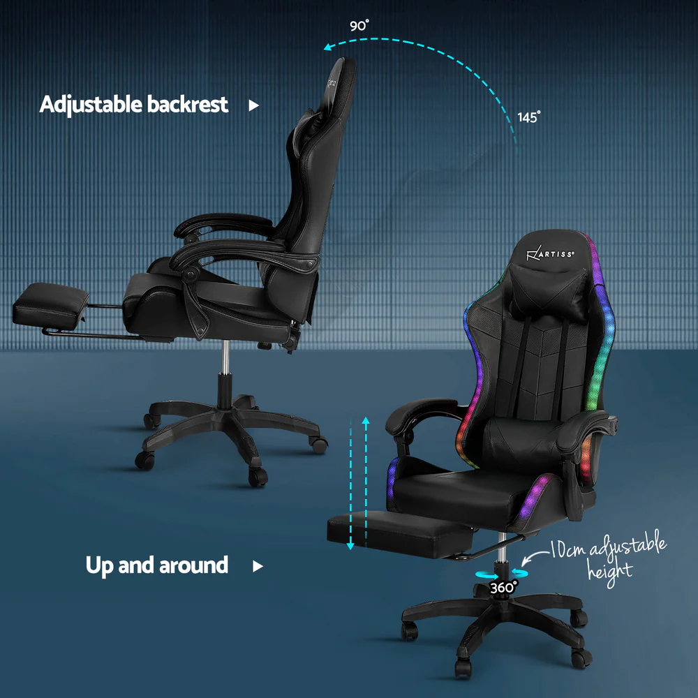 Artiss 6 Point Massage Gaming Office Chair 7 LED Footrest Black - Nurns