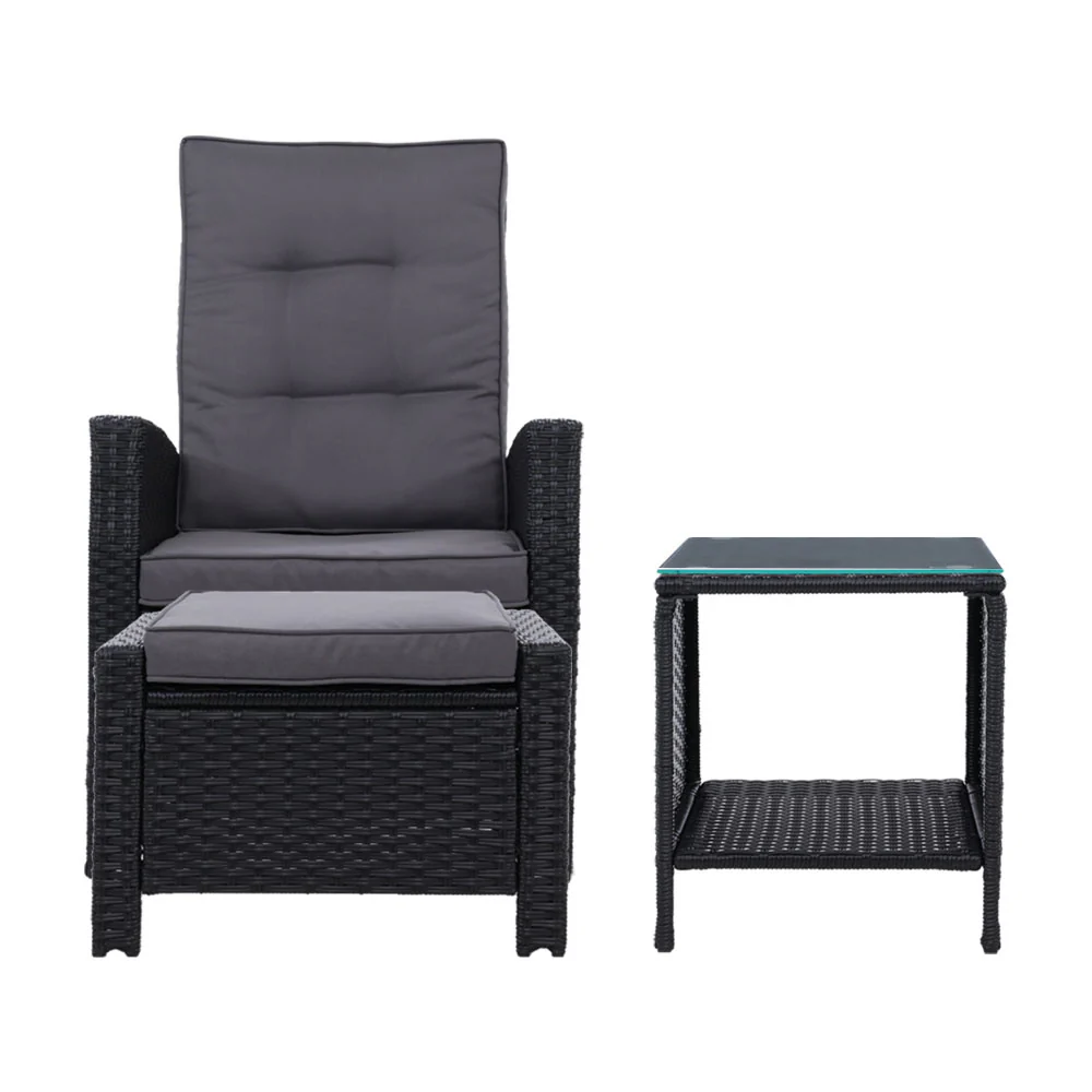 Ross 3-Piece Recliner Chairs Table Wicker Outdoor Furniture Adjustable - Black - Nurns