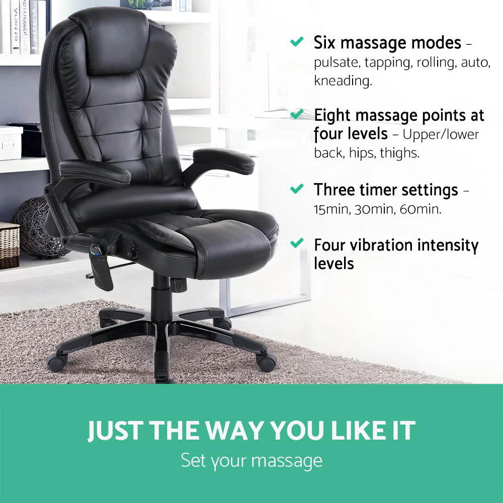 Artiss 8 Point Massage Office Chair Heated Seat Recliner Pu Black - Nurns