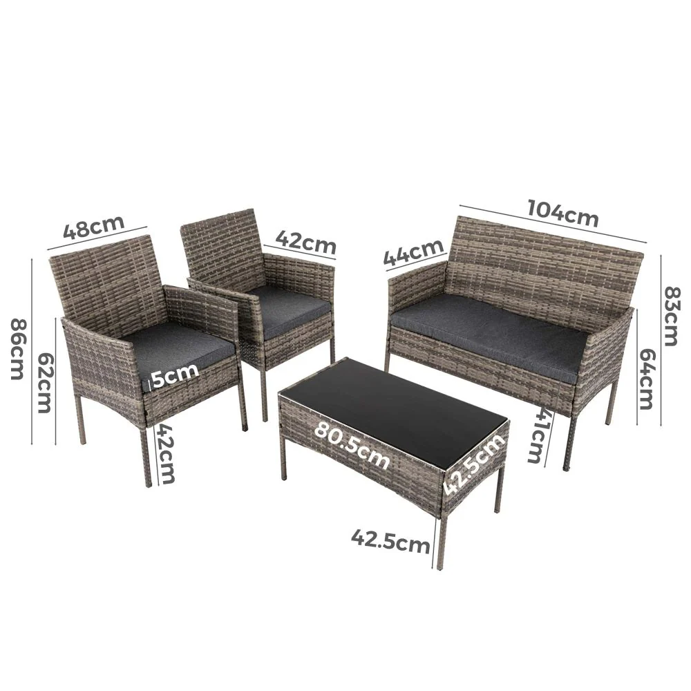 Lowry 4-Seater Wicker 4-Piece Outdoor Lounge Set - Mixed Grey - Nurns
