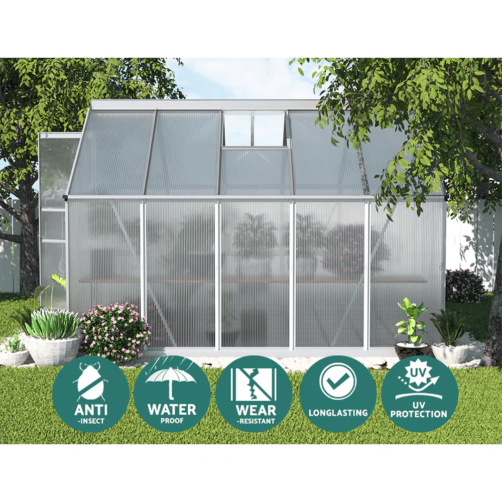 Greenfingers Greenhouse 3x2.5x2.26M Double Doors Aluminium Green House Garden Shed - Nurns