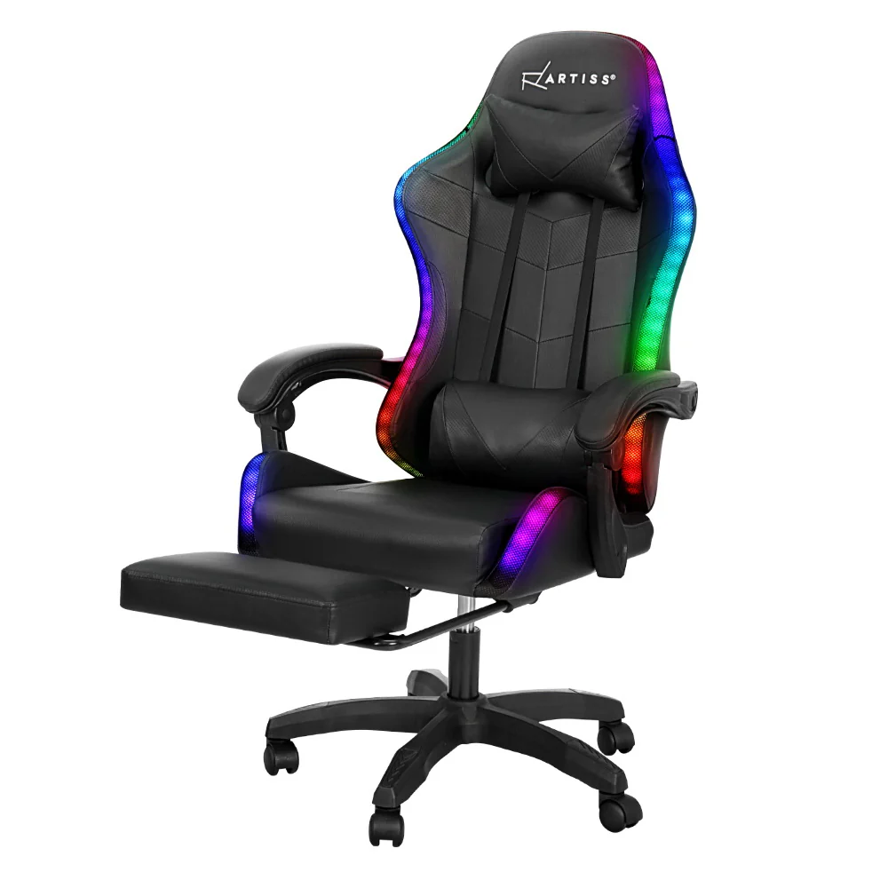 Artiss 6 Point Massage Gaming Office Chair 7 LED Footrest Black - Nurns