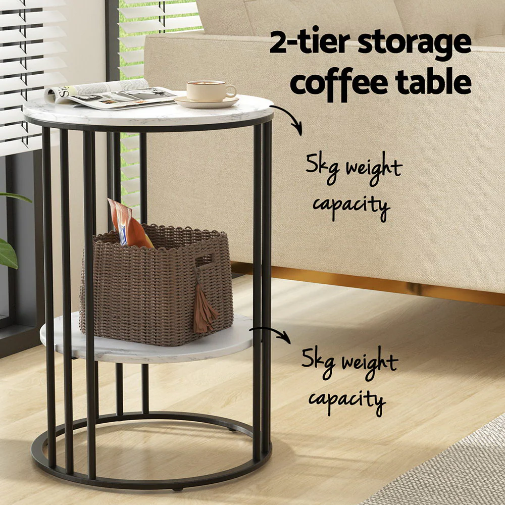 Ithuriel Coffee Table 2-Tier Round Marble Effect - White - Nurns