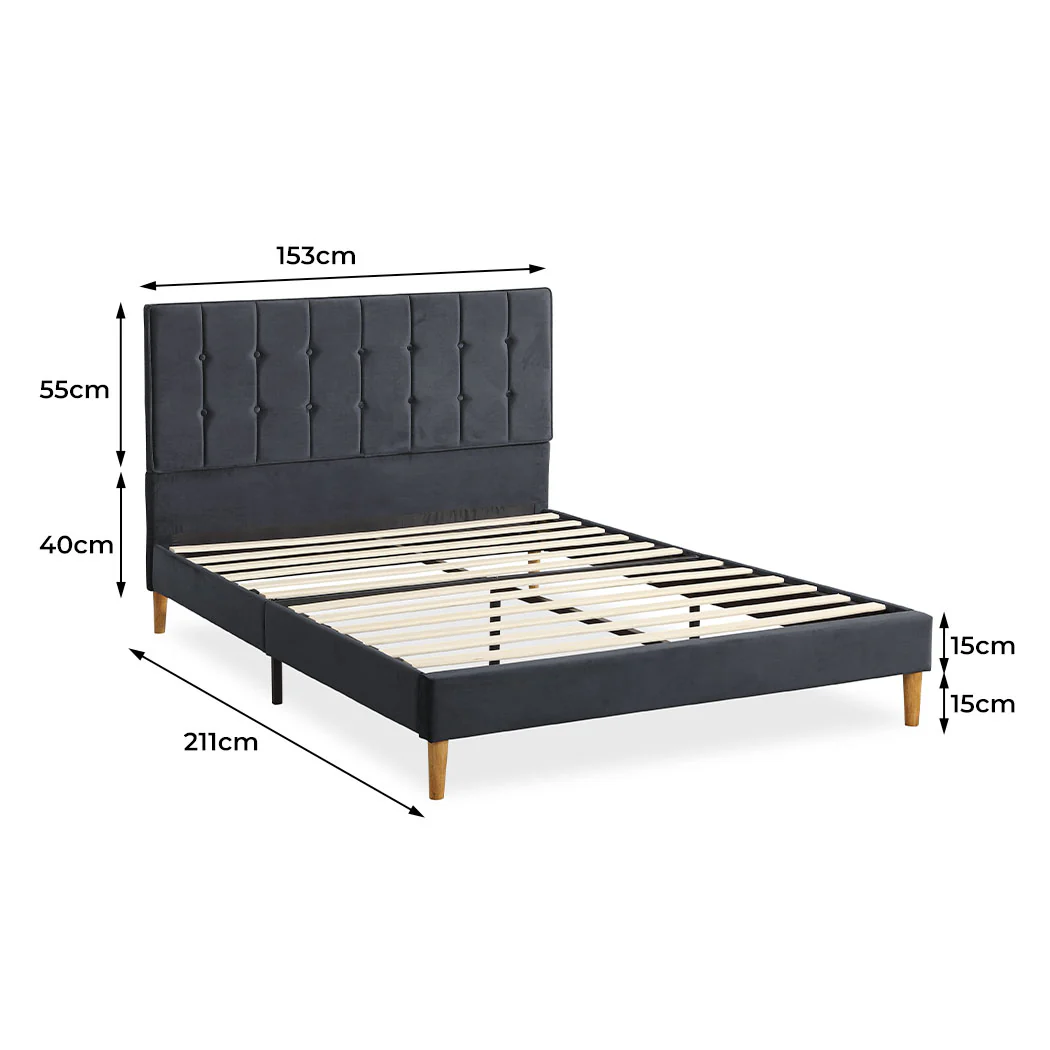 Venlo Bed Frame Base Platform Wooden Velvet with Headboard Grey - Queen - Nurns