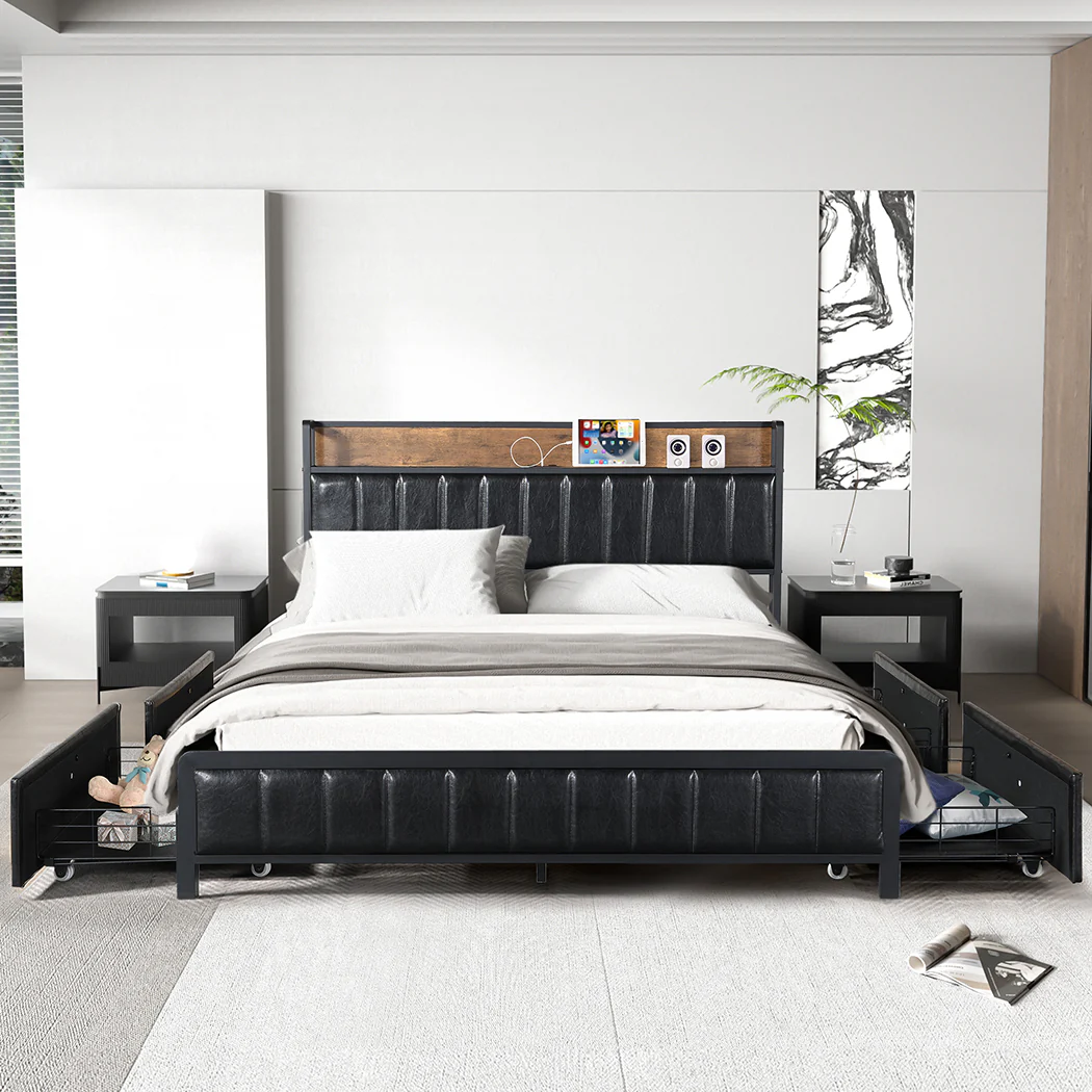 Fargo Bed Frame PU with 4 Drawers and USB Charger - Black Queen - Nurns