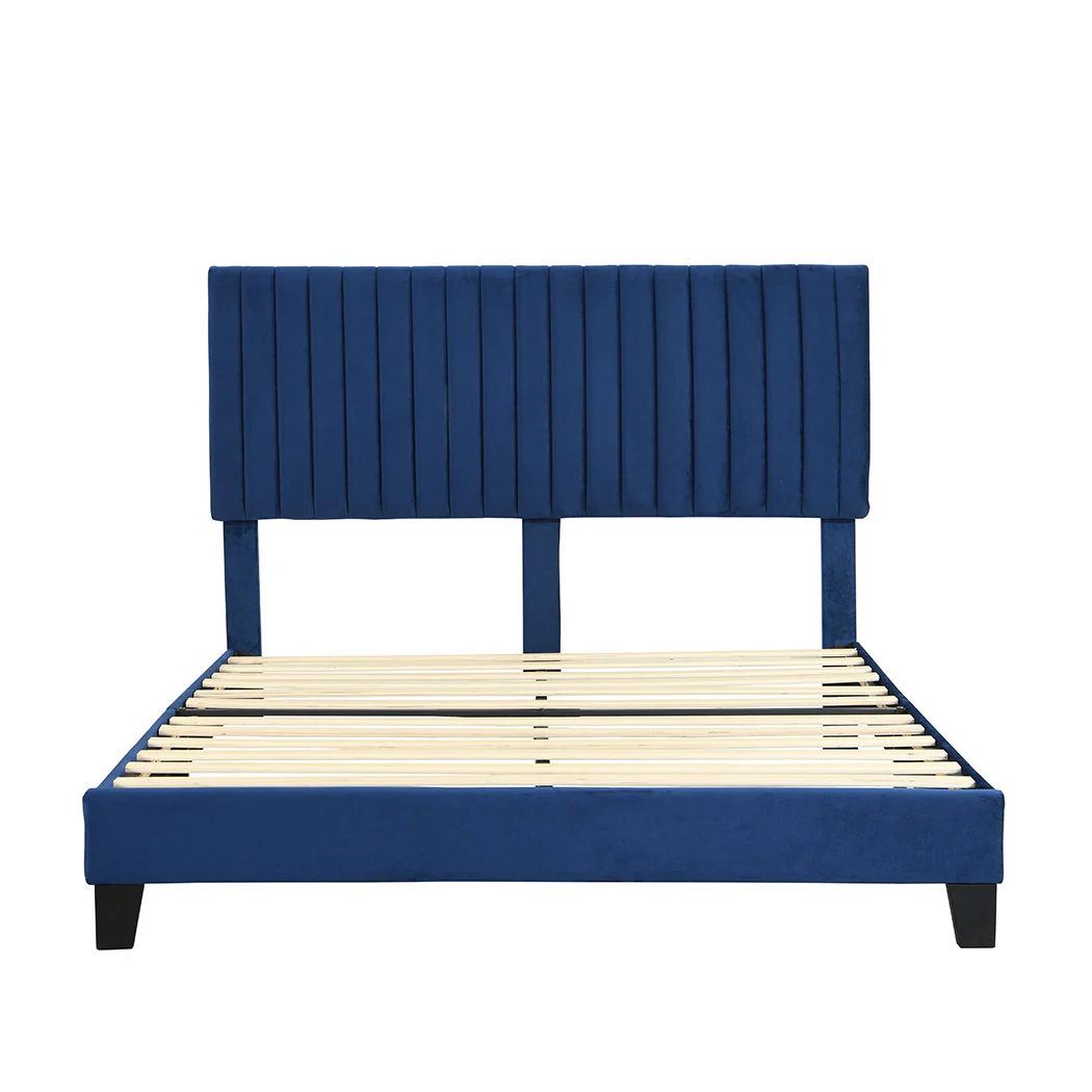 Cheyenne Bed Frame Base Platform Wooden Velvet with Headboard Blue - Queen - Nurns