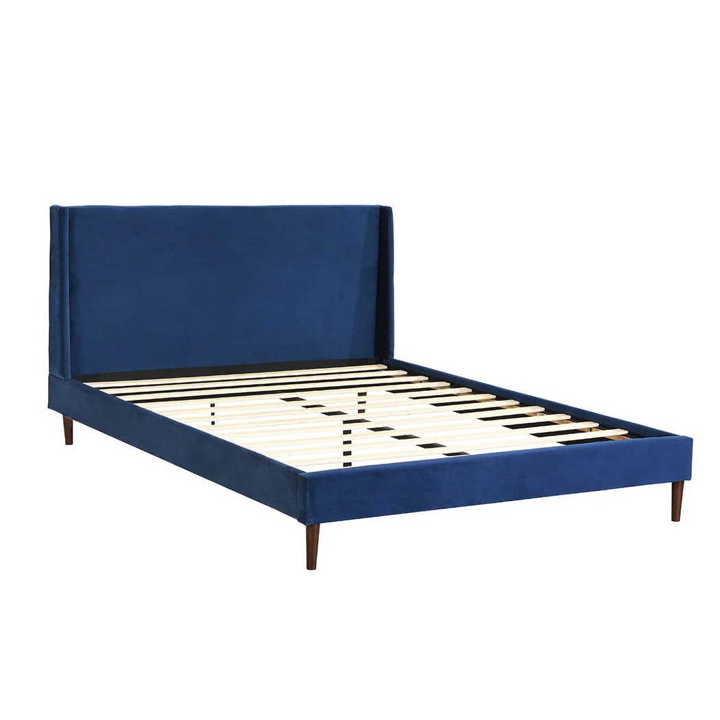 Erin Velvet Headboard Wooden Bed Frame - Blue Double - Nurns