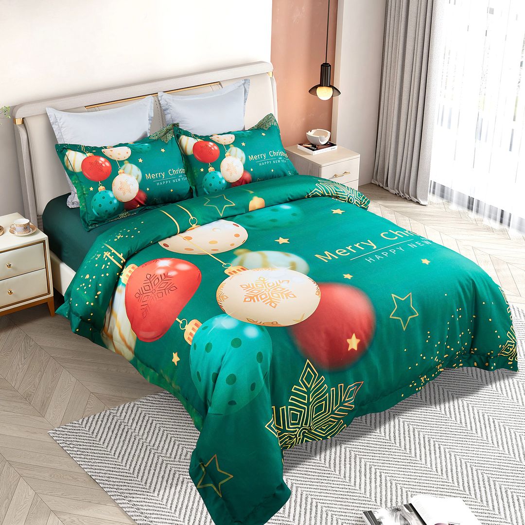 KING 3-Piece Christmas Quilt Duvet Cover Set - Green - Nurns