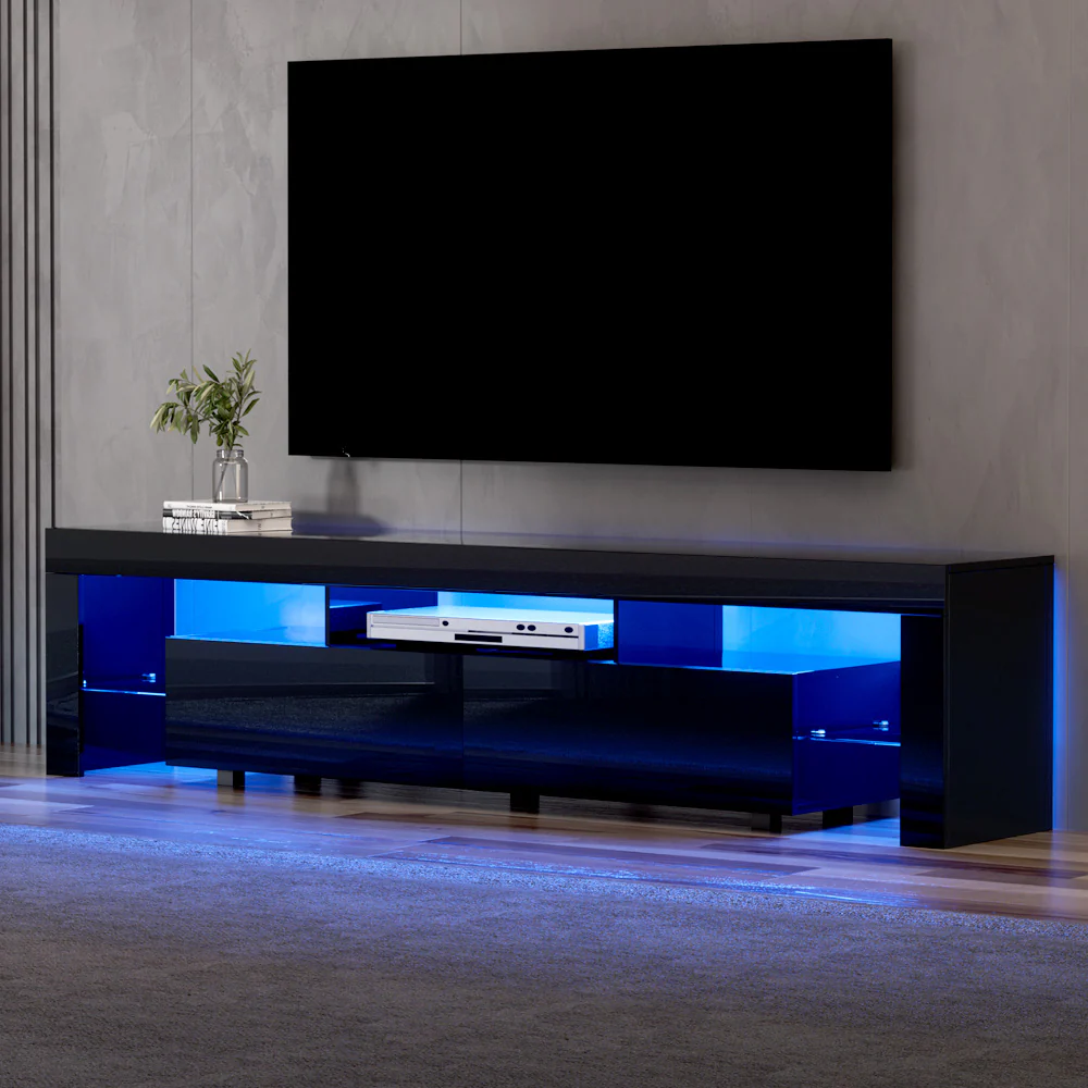 Erica 200cm TV Cabinet Entertainment Unit Stand RGB LED Gloss Furniture - Black - Nurns