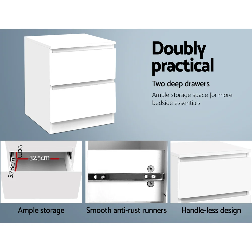 Kenora Wooden Bedside Tables Cabinet Lamp Side Tables Nightstand Unit with 2 Drawers - White - Nurns