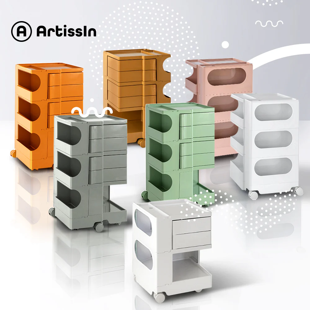 Vernon PP Plastic Bedside Tables Side Tables Nightstand Organizer Replica Boby Trolley 5 Tier with 4 Drawers - Green - Nurns