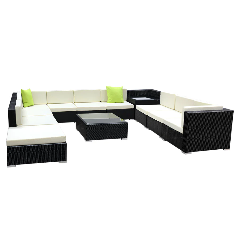Chester 11-Seater Outdoor Set Furniture Wicker 12-Piece Sofa with Storage Cover - Black - Nurns