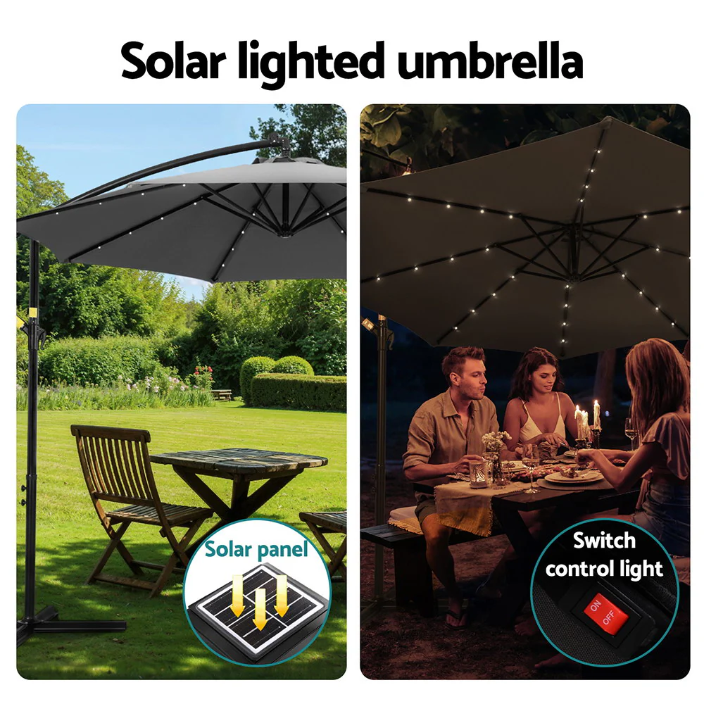 Instahut Outdoor Umbrella 3M Cantilever Beach LED Garden Shade Patio Charcoal - Nurns