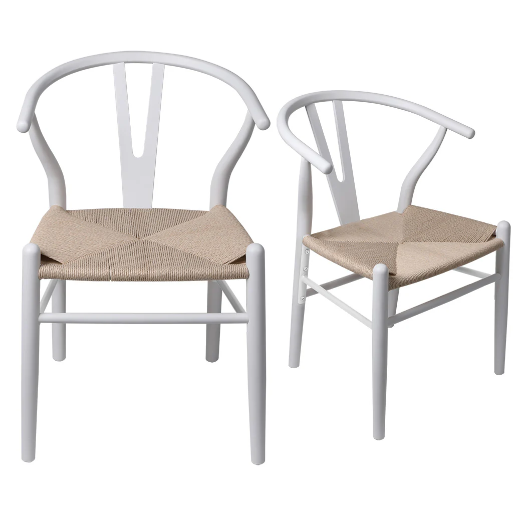 Jett Set of 2 Dining Chairs Rattan Seat Side Kitchen Wood Furniture - White - Nurns