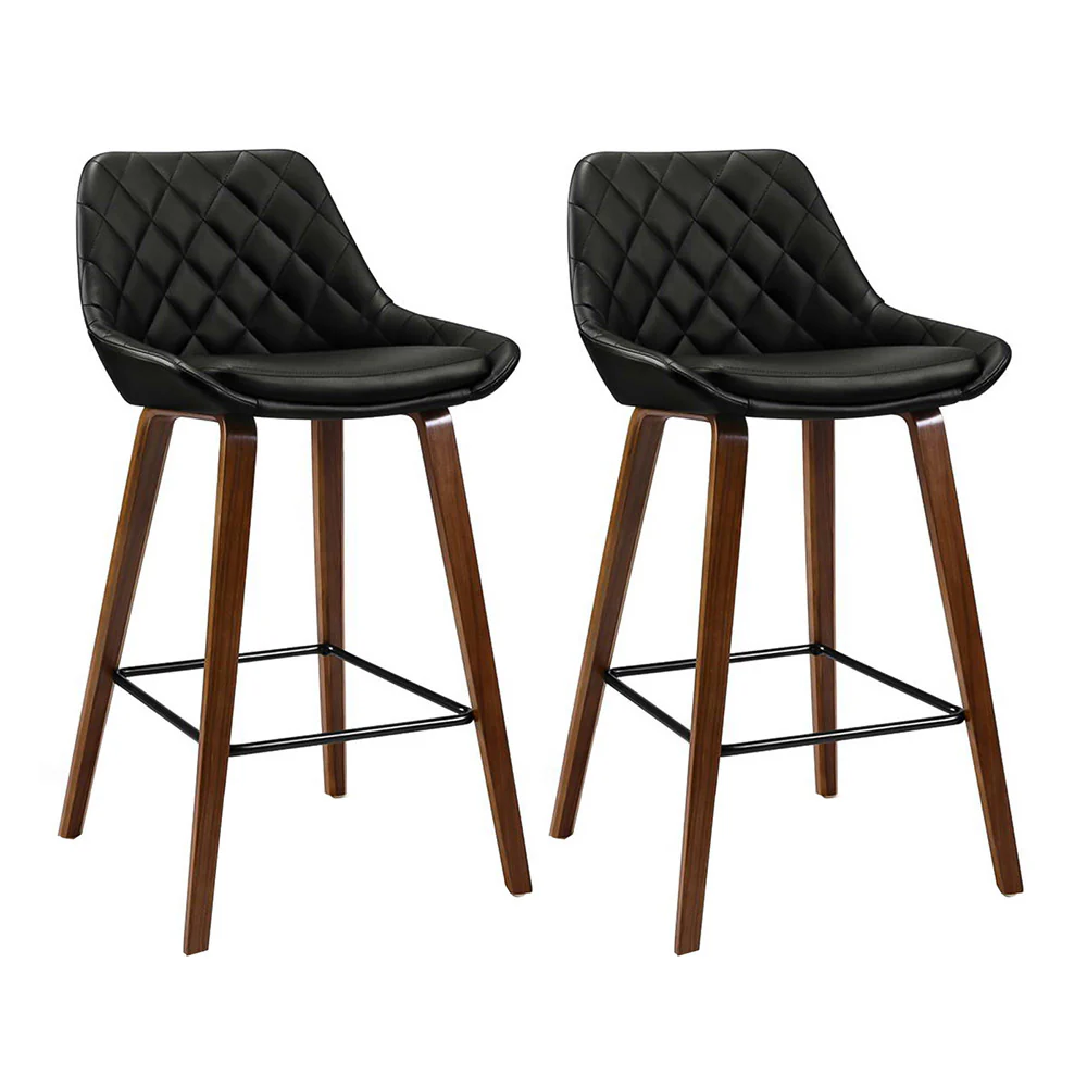 Set of 2 Aveiro Bar Stools Bentwood PU Leather Diamond Pleat - Black - Nurns