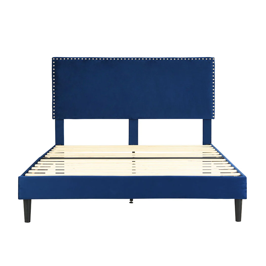 Velsen Bed Frame Base Platform Wooden Velvet with Headboard Blue - Queen - Nurns