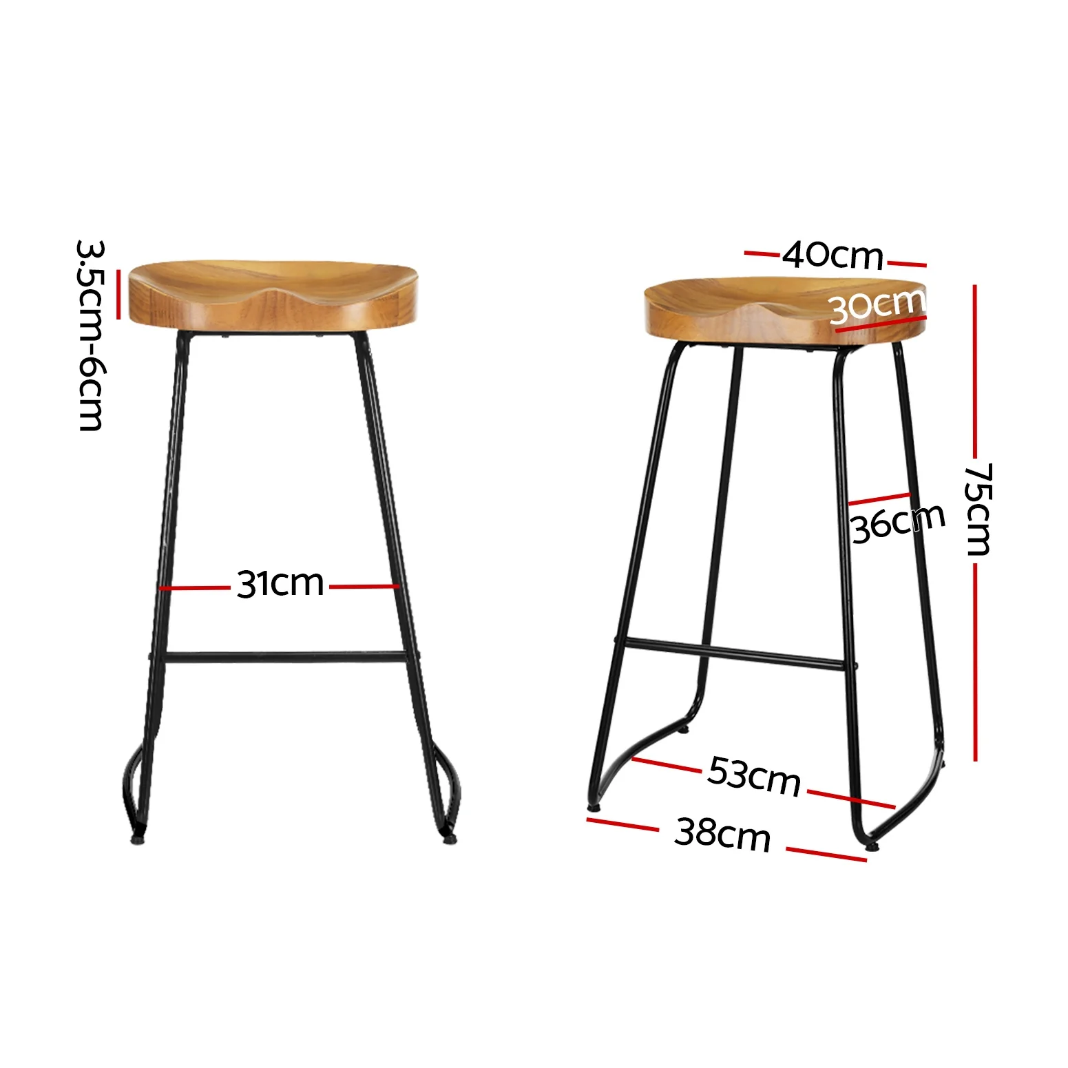 Set of 2 Reggio 75cm Elm Wood Backless Bar Stools - Black & Natural - Nurns