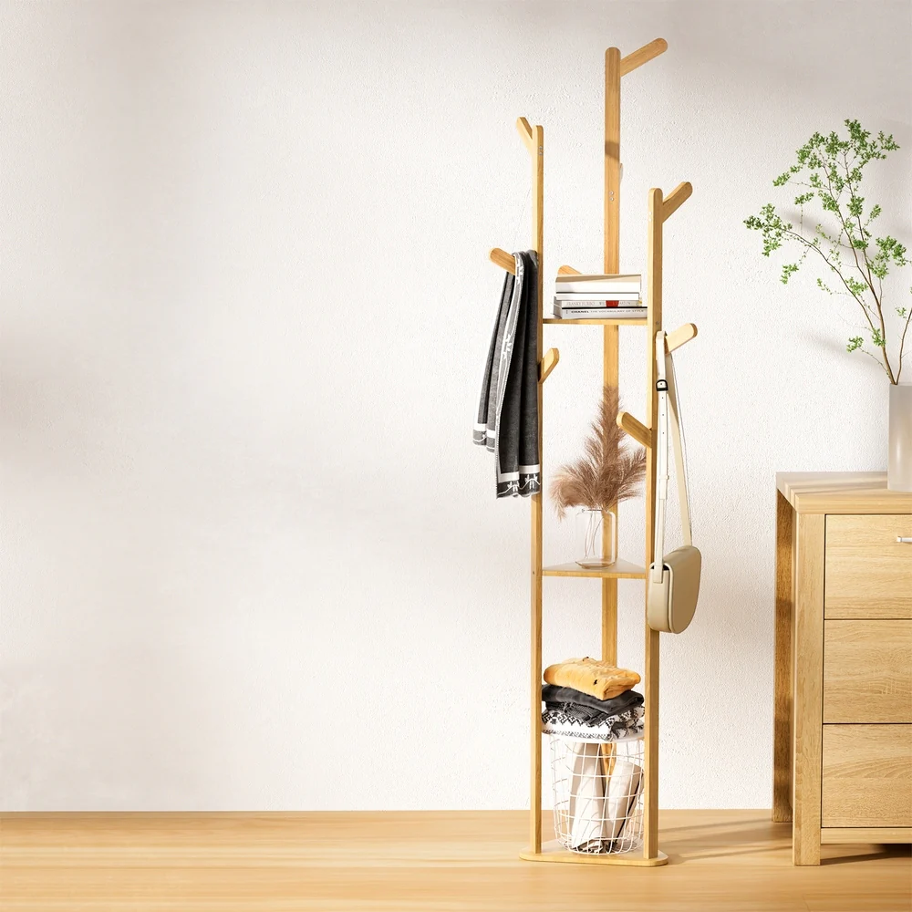 Clothes Rack Coat Stand 9 Hooks Tree Shelf Bamboo - Nurns