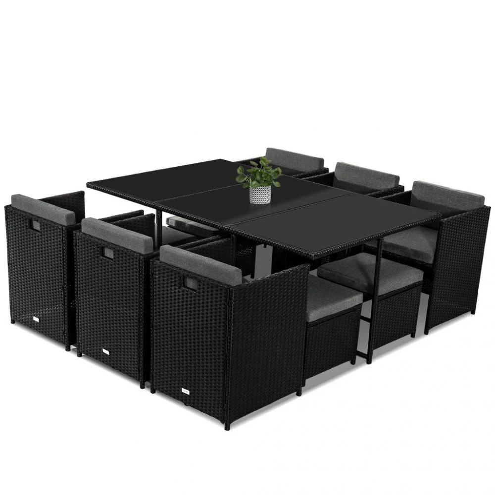 Drew 10-Seater Outdoor Furniture Setting 11-Piece Dining Set - Black - Nurns