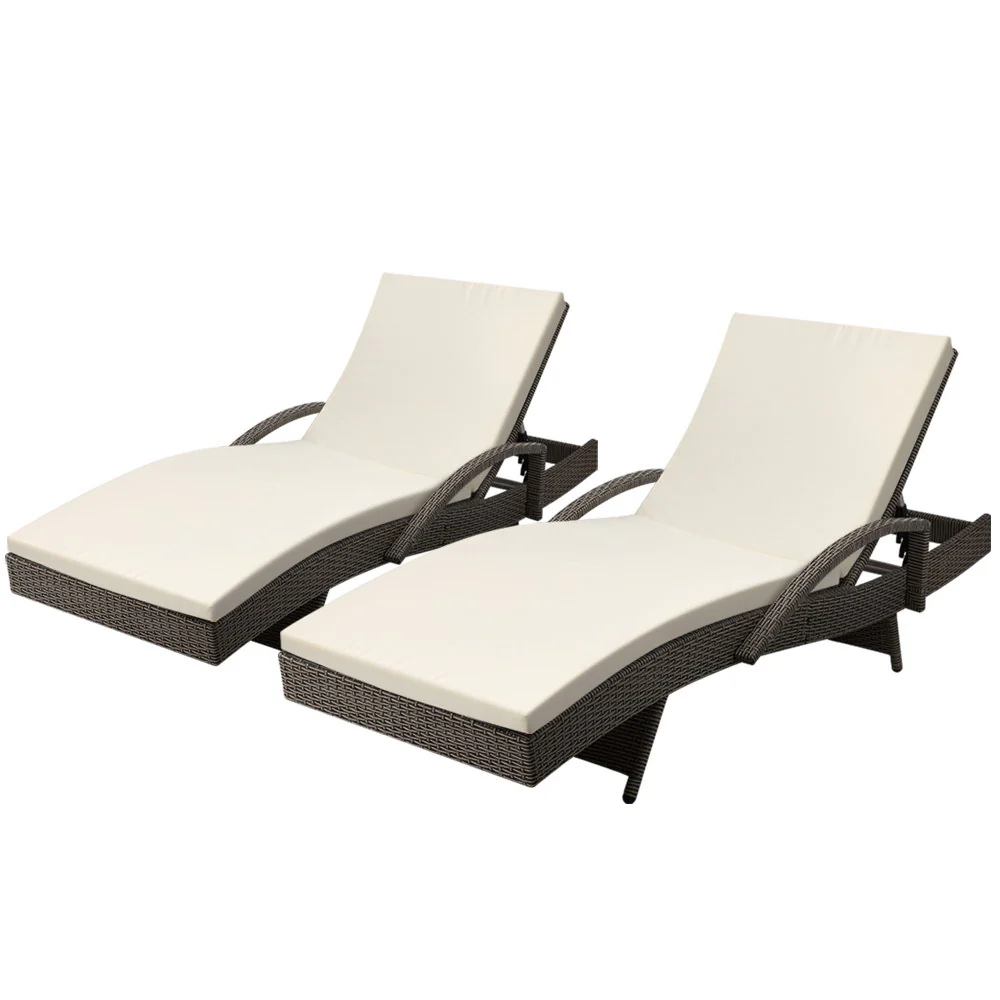 Ashby Set of 2 Outdoor Sun Lounge Wicker with Armrest Chair and Cushion - Grey - Nurns
