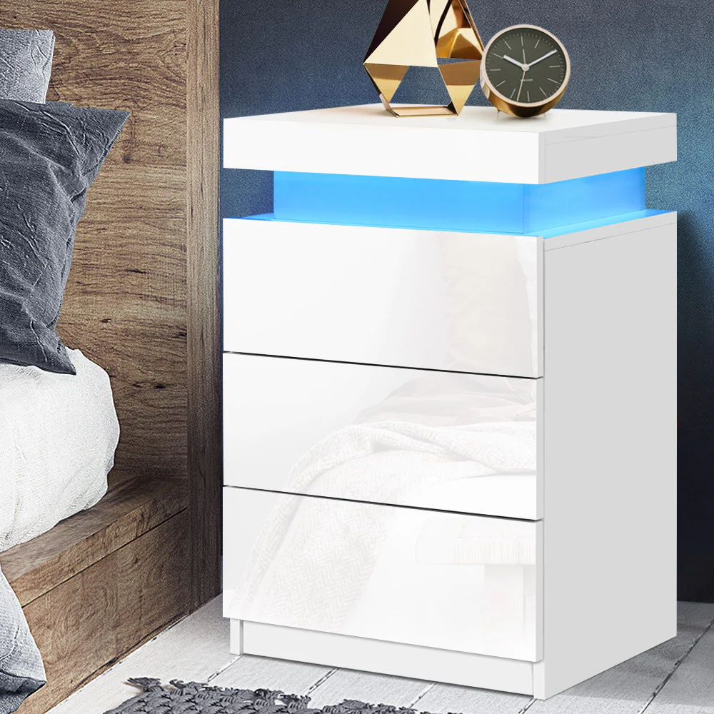 Rimouski LED High Gloss Bedside Tables Side Table RGB LED High Gloss Nightstand with 3 Drawers - White - Nurns