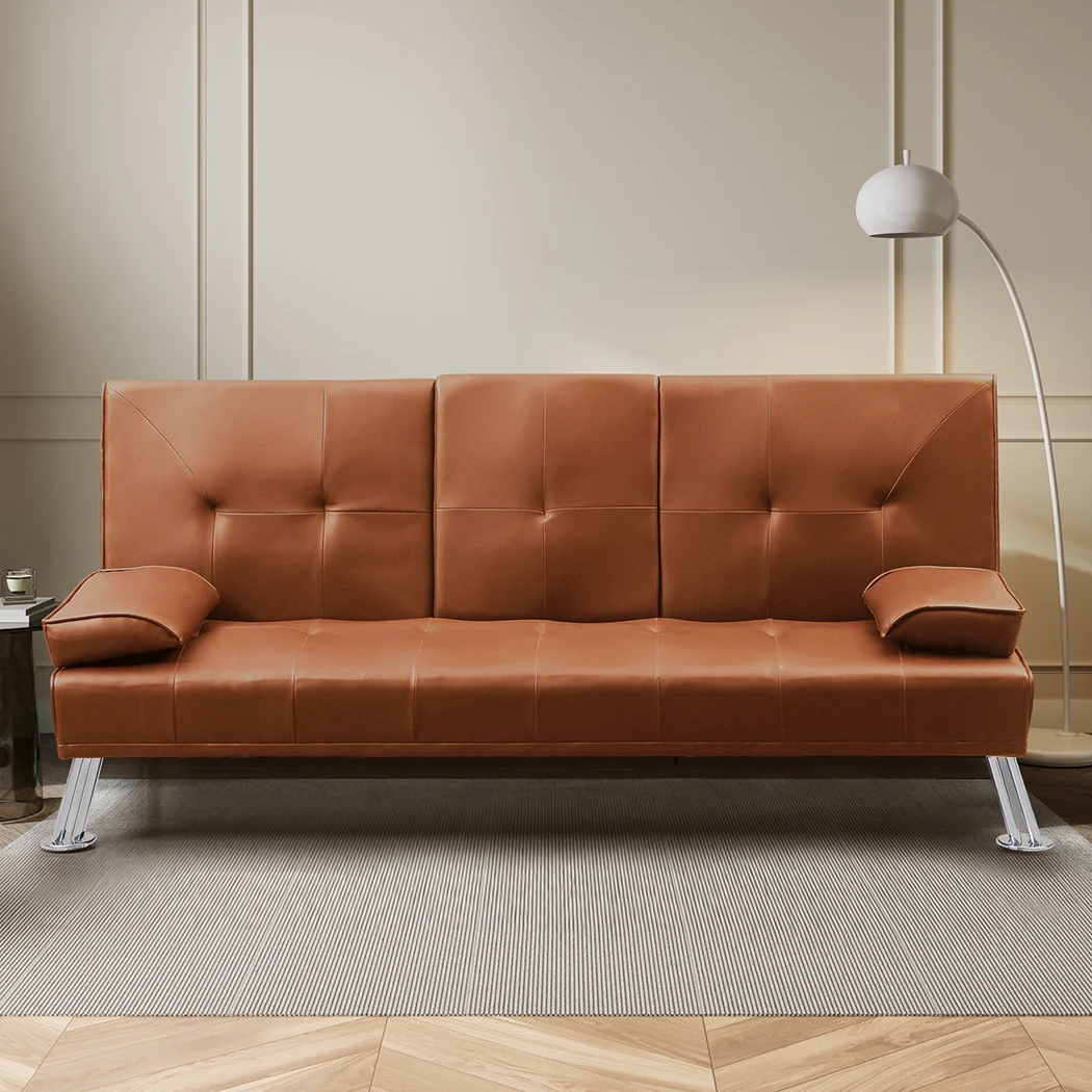 Marny 3-Seater Adjustable Sofa Bed Lounge Futon Couch Leather Beds Cup Holder Recliner - Brown - Nurns