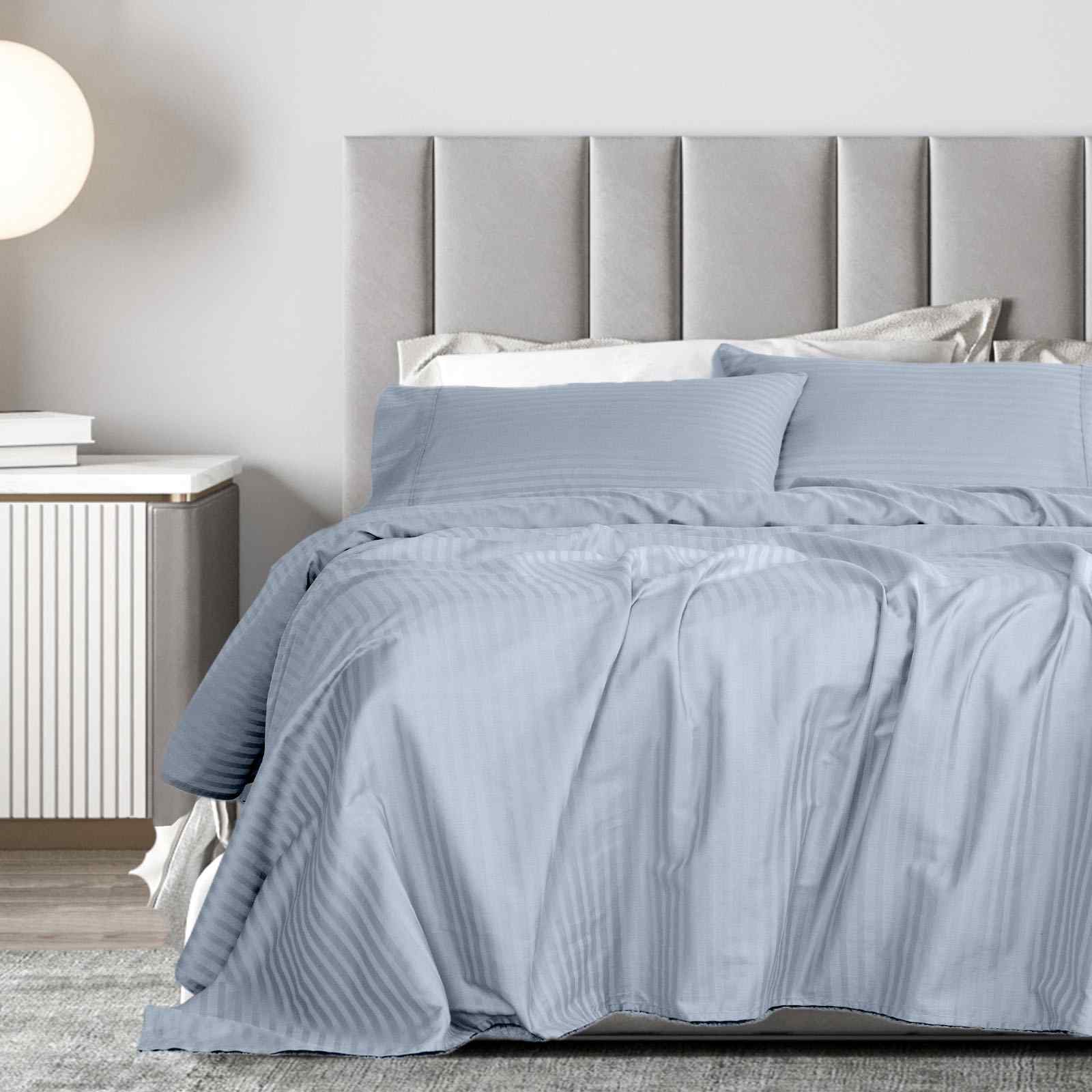 KING 1200 Thread Count Stripe Cotton Blend Quilt Cover Sets - Blue Fog - Nurns
