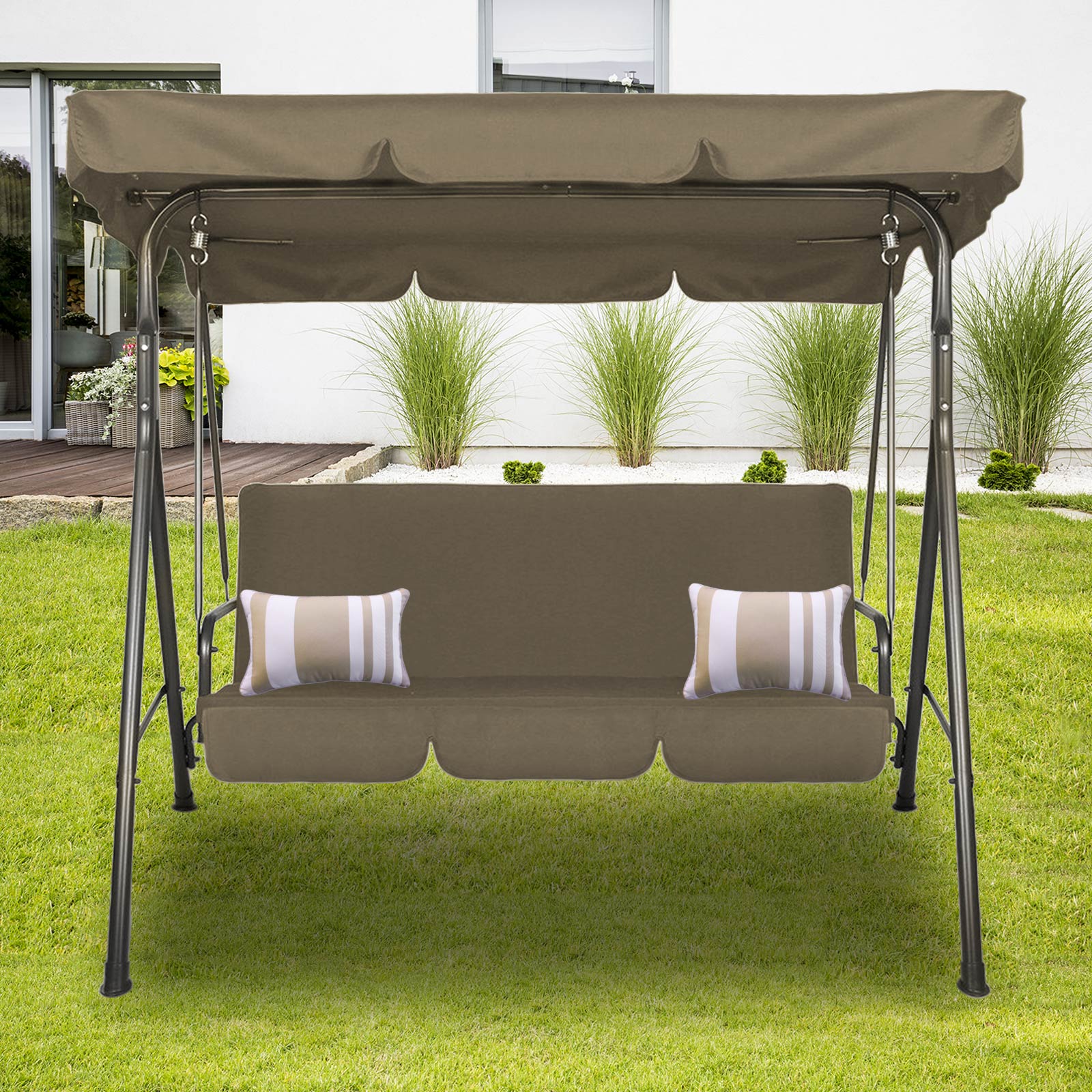 Colton Outdoor Swing Bench Seat Chair Canopy Furniture 3 Seater Garden Hammock - Coffee - Nurns
