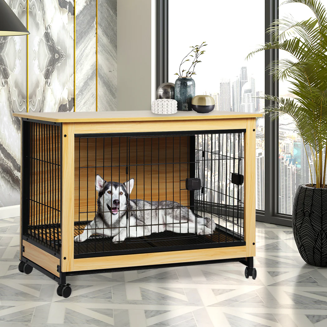 Wooden Wire Dog Kennel Side End Table Steel Puppy Crate Indoor Pet House XXL - Wood XXL - Nurns