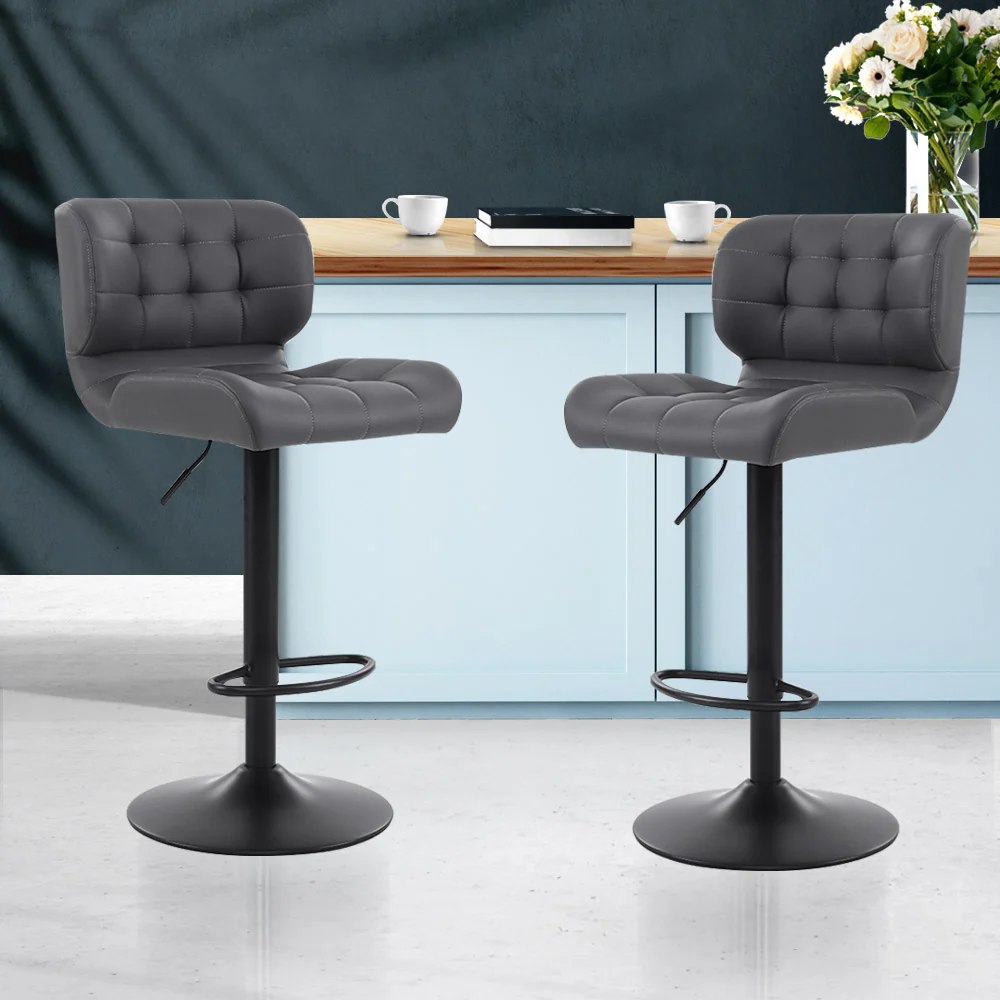 Set of 2 Genoa Kitchen Bar Stools Gas Lift Plush PU Leather - Black & Grey - Nurns