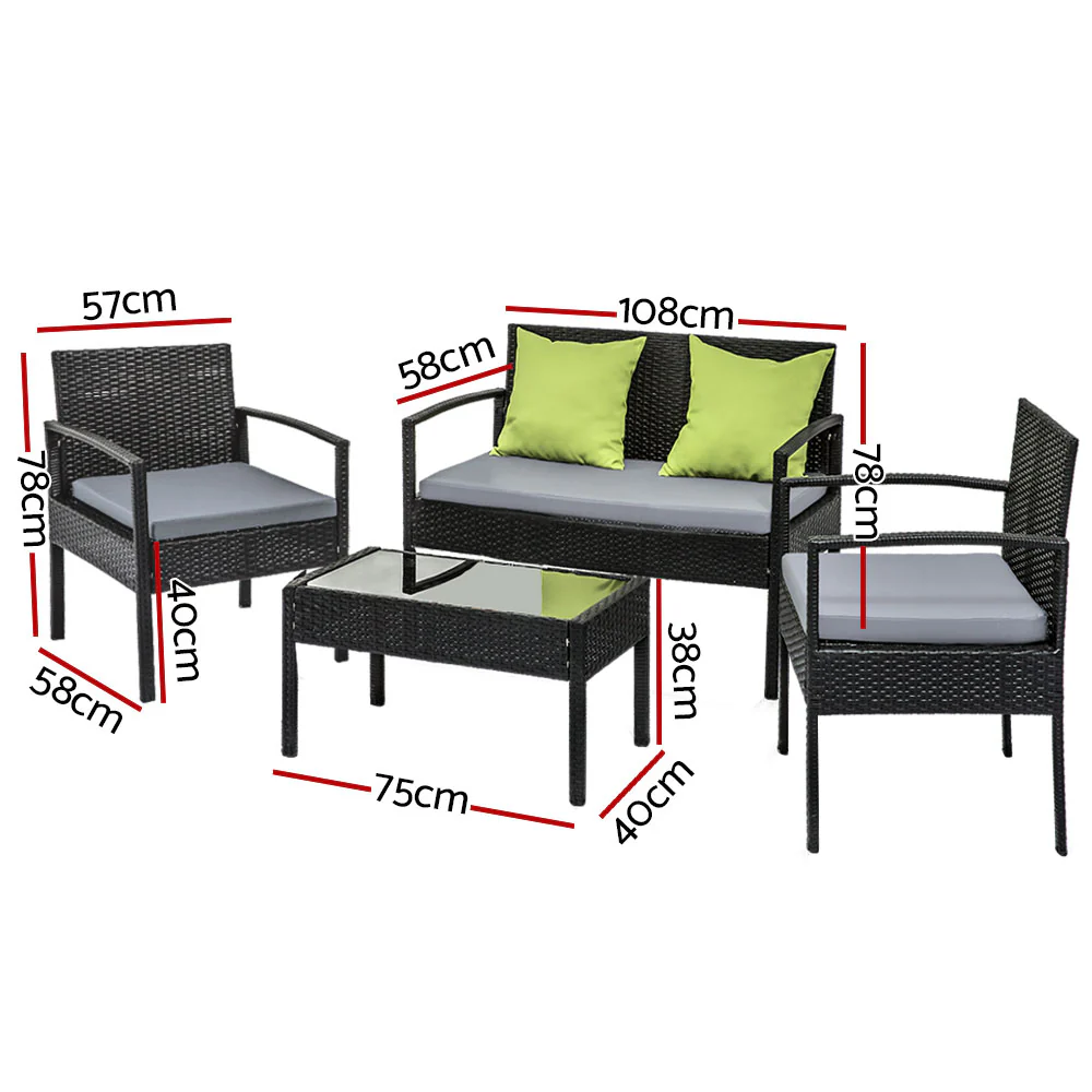 Dover 4-Seater Lounge Setting Garden Patio Wicker Cover Table Chairs 4-Piece Outdoor Furniture with Storage Cover - Black - Nurns