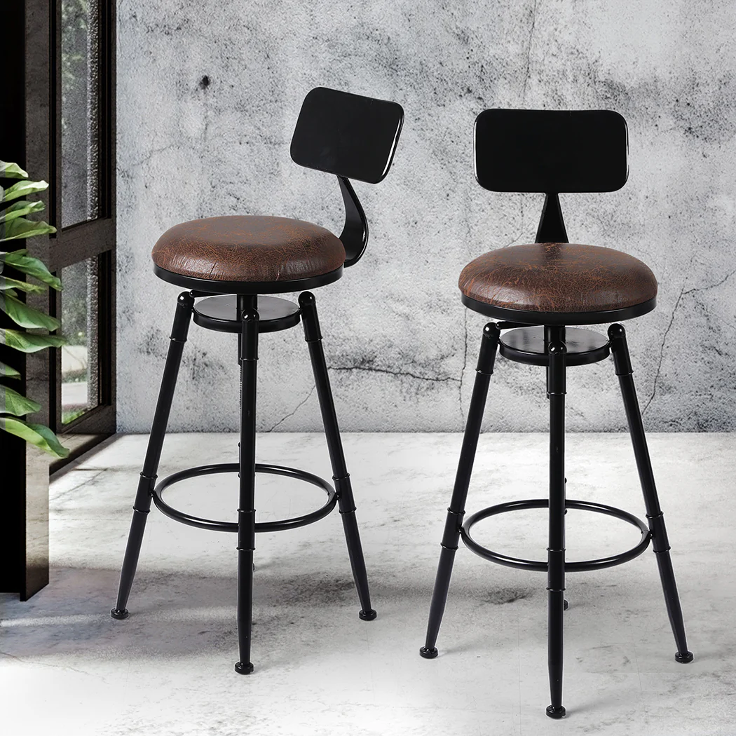 Set of 2 Chambery Industrial Bar Stools Kitchen Stool PU Leather Barstools Chairs - Black & Brown - Nurns