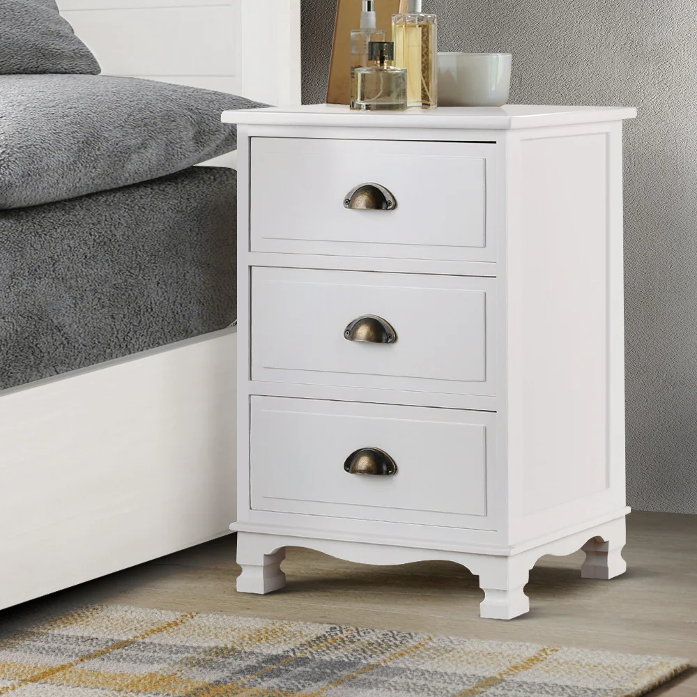 Gander Wooden Vintage Bedside Tables Vintage Chest Storage Cabinet Nightstand with 3 Drawers - White - Nurns