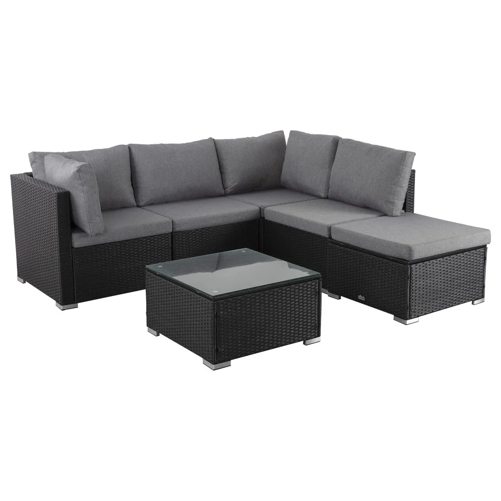 Perry 5-Seater Ottoman-Style Outdoor Lounge Set - Black - Nurns
