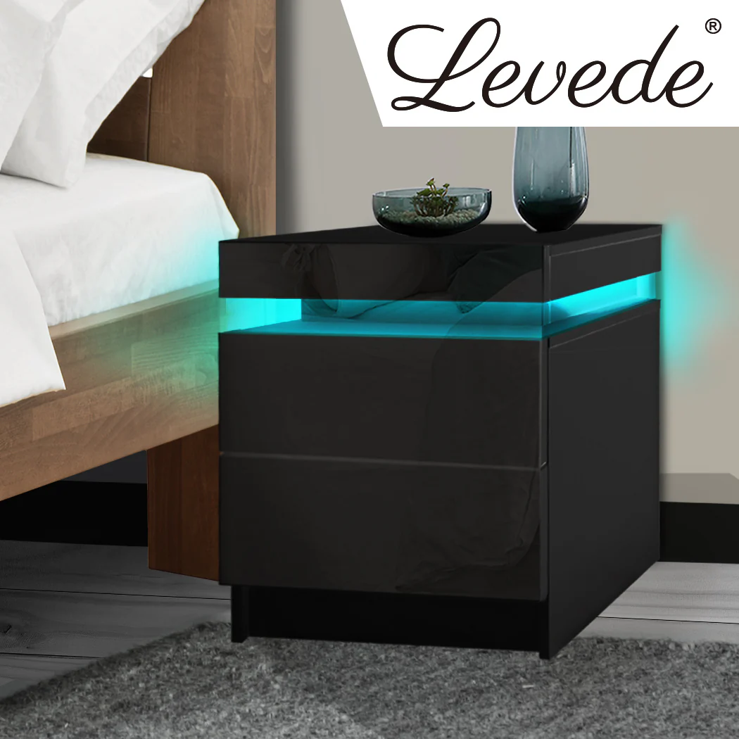 Inuvik LED Bedside Tables RGB LED Side Table High Gloss Nightstand Cabinet with 2 Drawers - Black - Nurns