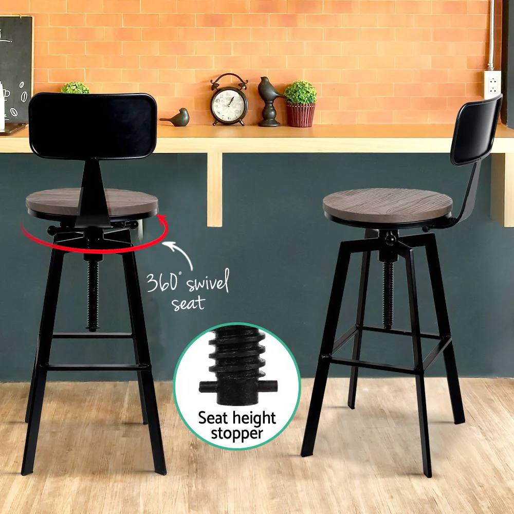 79.5cm Perugia Rustic Industrial Style Metal Bar Stool - Black & Wood - Nurns