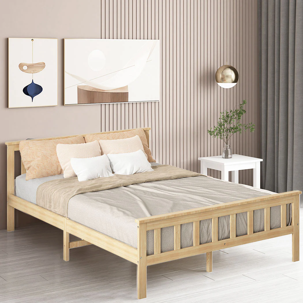 Mia Wooden Bed Frame Base Solid Timber Pine Wood Natural - Queen - Nurns