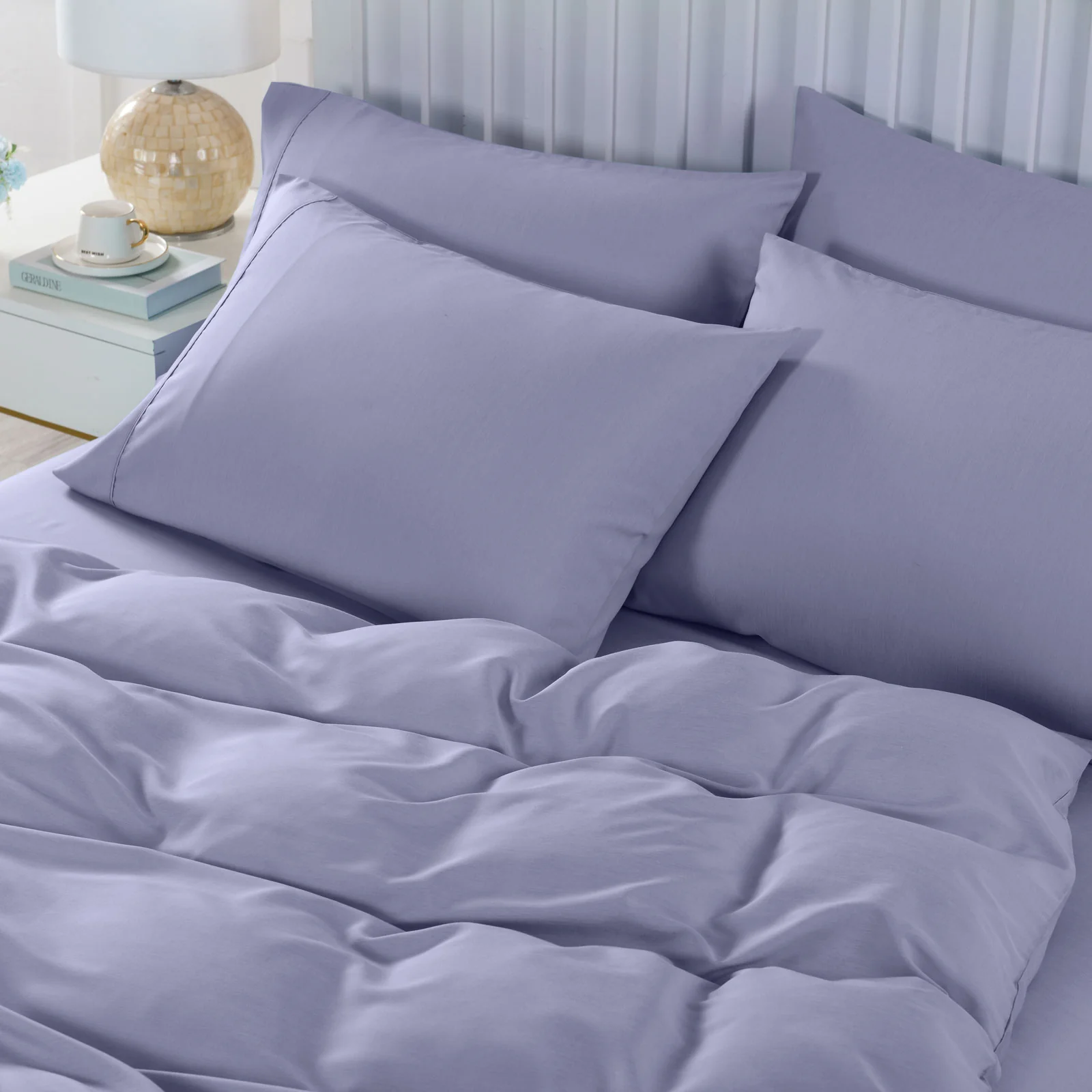 Queen 2000TC 6 Piece Bamboo Sheet & Quilt Cover Set Cooling Breathable Lilac Grey - Nurns