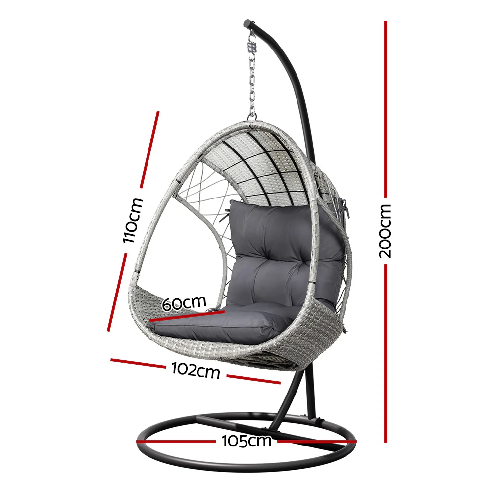 Layla Outdoor Egg Swing Chair with Stand Cushion Wicker Armrest - Light Grey - Nurns
