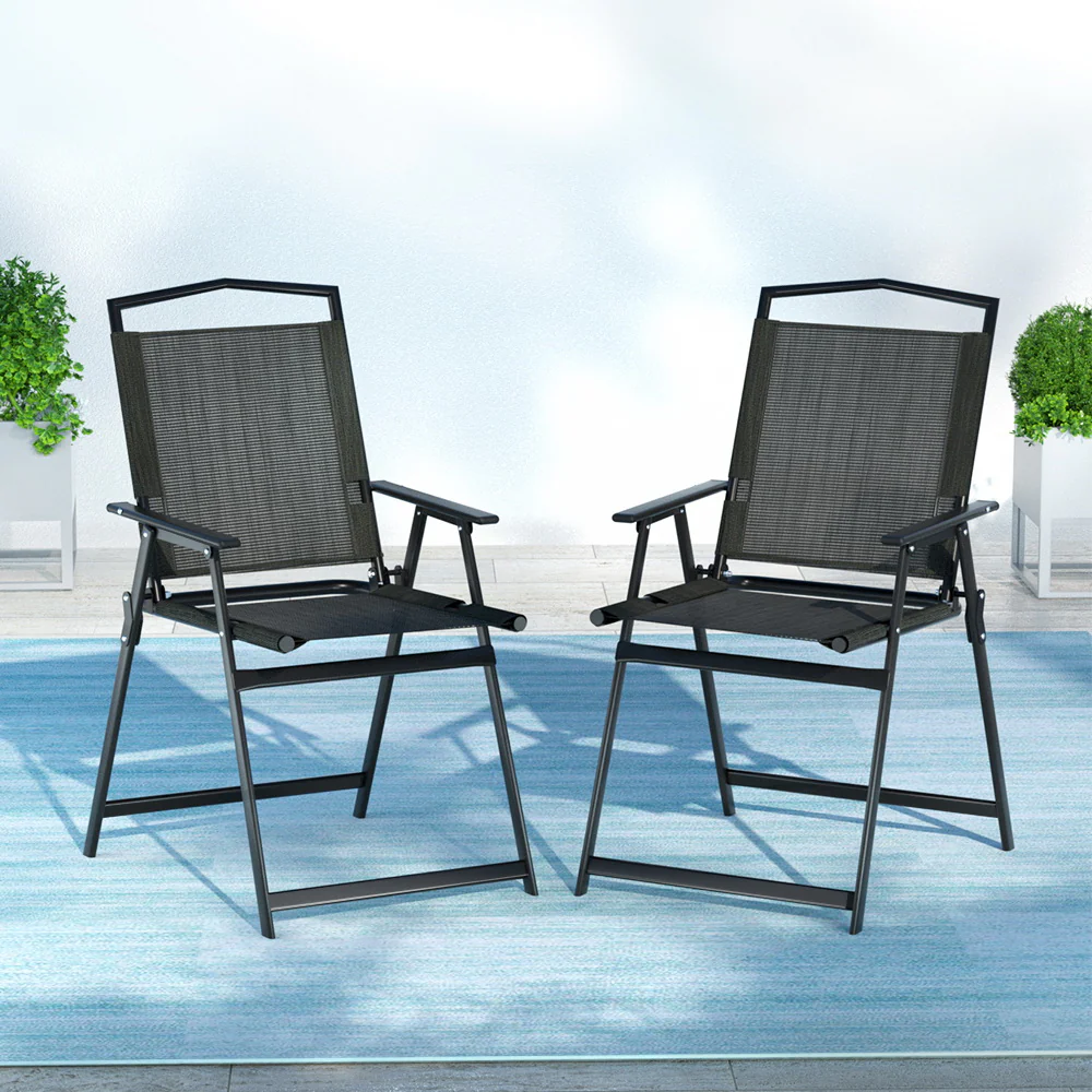 Zoe Set of 2 Outdoor Chairs Portable Folding Camping Chair Steel Patio Furniture - Black - Nurns