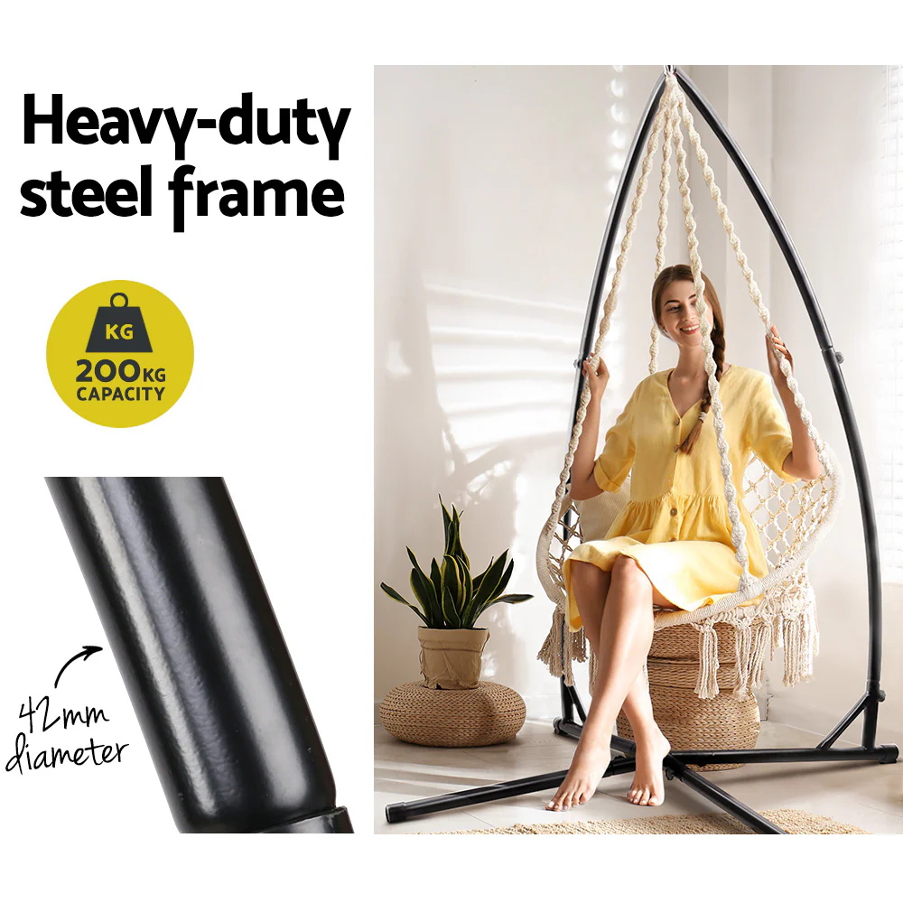 Hammock Chair with Steel Stand Macrame Outdoor Swinging - Cream - Nurns