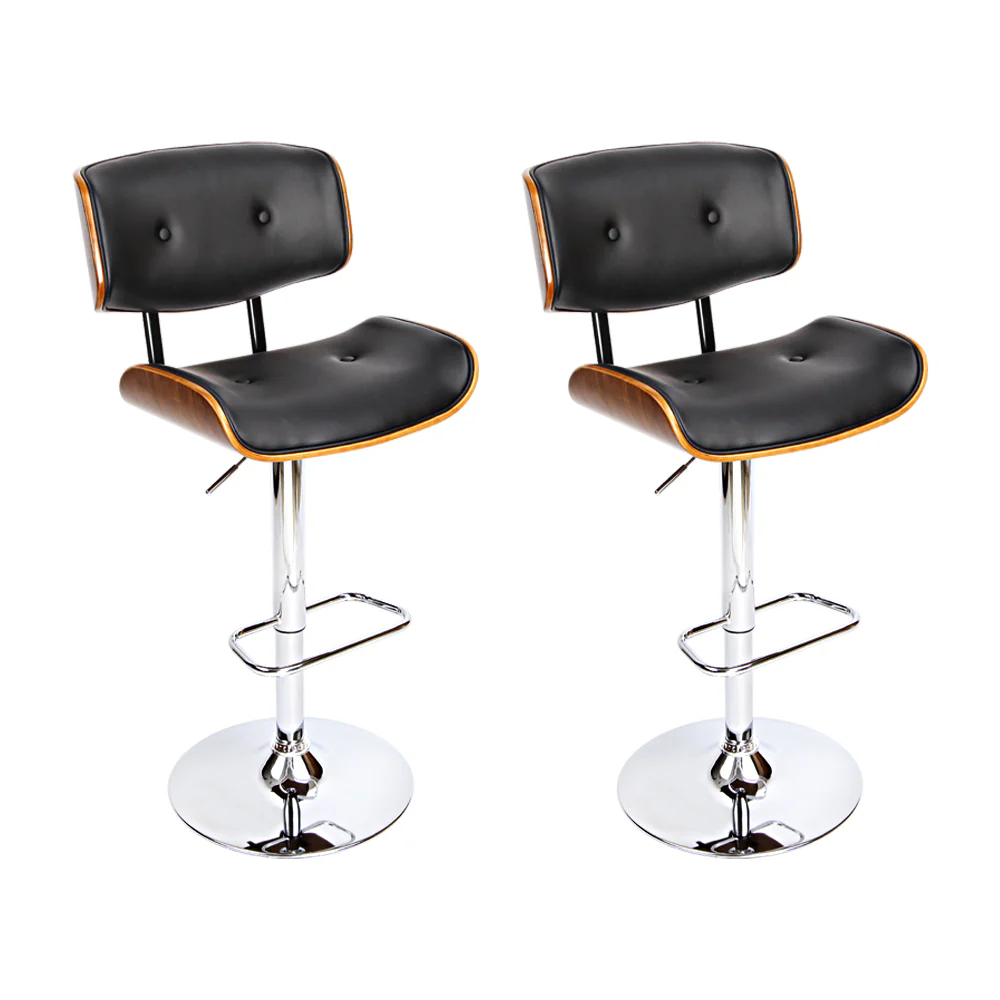 Set of 2 Ancona Wooden Gas Lift Bar Stools - Black & Chrome - Nurns